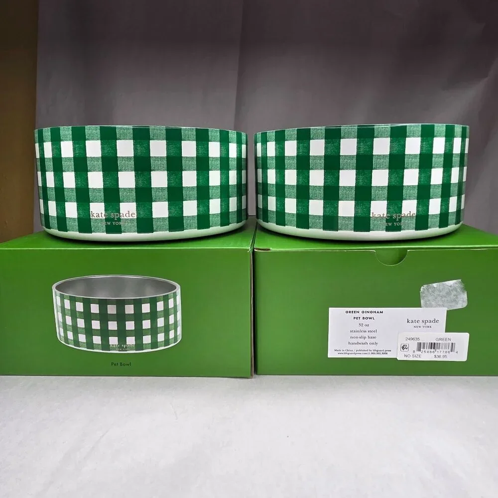 NWT Kate Spade Green Gingham Dog Cat Pet Food Bowls 32 oz Pair